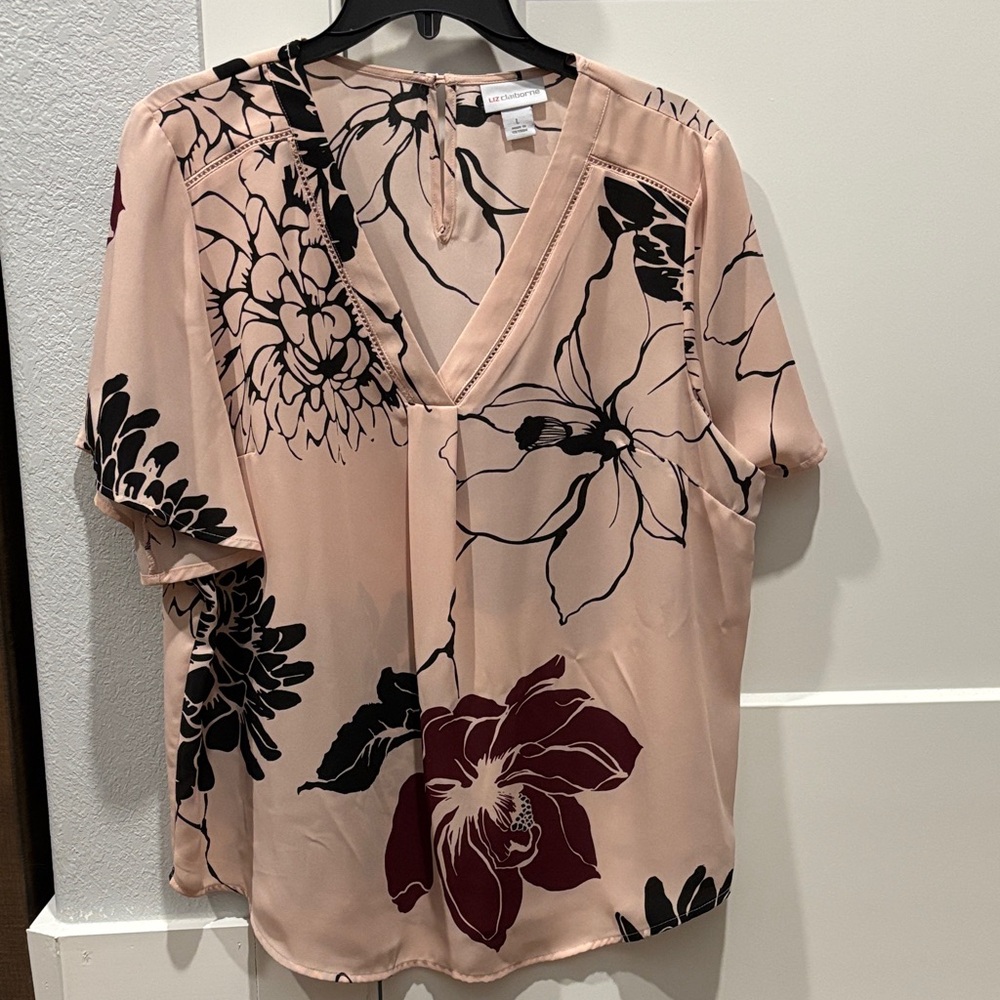 Liz Claiborne Floral V-Neck Blouse - Pink and Black